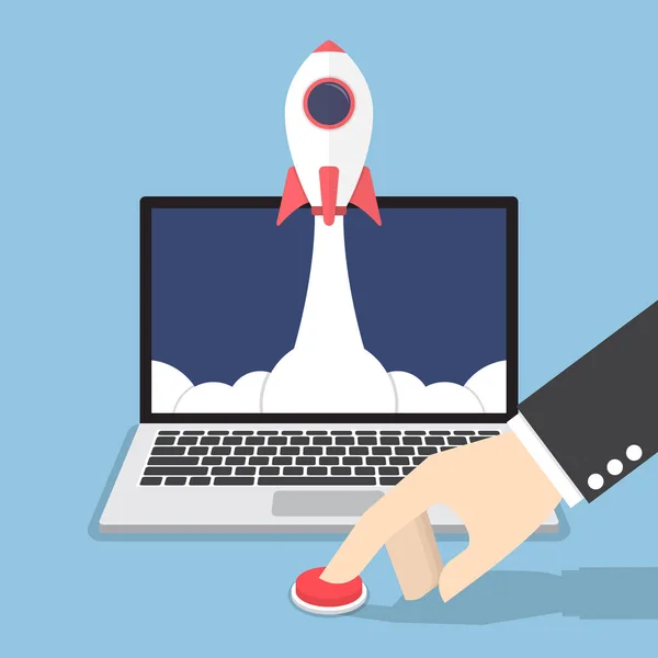 Zakenman hand druk op de knop om te lanceren van raket van laptop — Stockvector