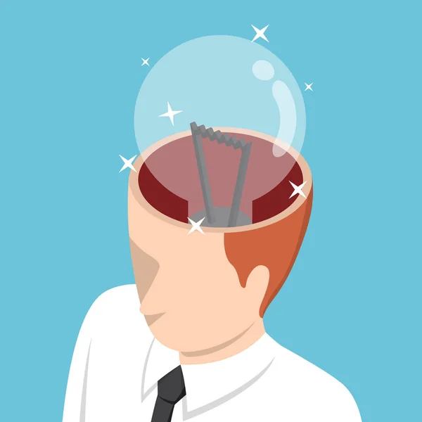 Isometric businessman with light bulb in his head — Stock Vector