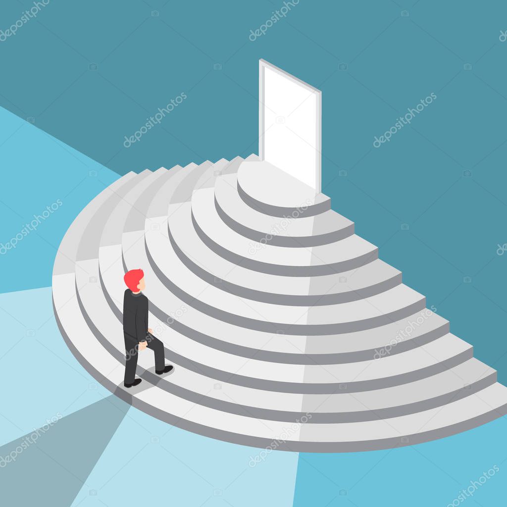 Isometric businessman walking up staircase to the door with brig