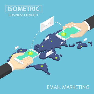 E-posta mes gönderme smartphone holding izometrik işadamı eller