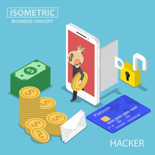 Isometrisk hacker stjæle penge og data fra smartphone – Stock-vektor