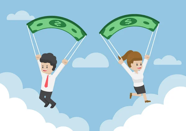 Gente de negocios usando billetes de dólar como paracaídas — Vector de stock