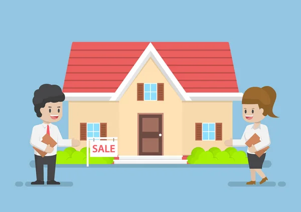 Podnikatel a podnikatelka představí dům na prodej — Stockový vektor
