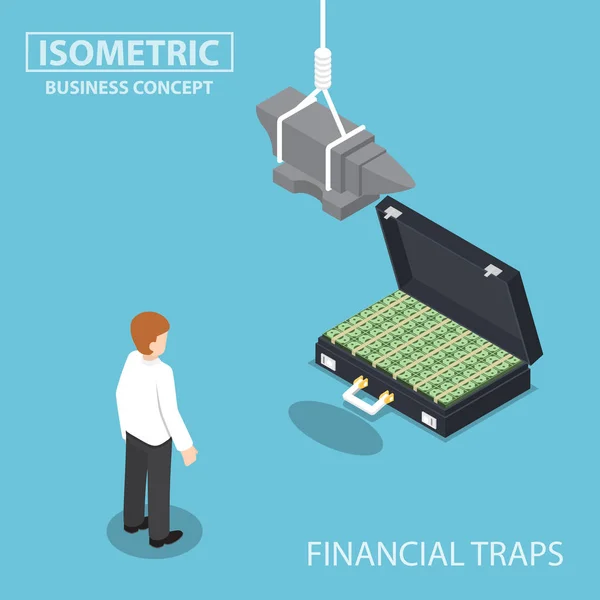 Isometric businessman looking to suitcase full of money with anv — Stock Vector