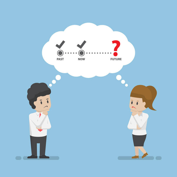 Бизнесмен и предпринимательница размышляют о будущем
