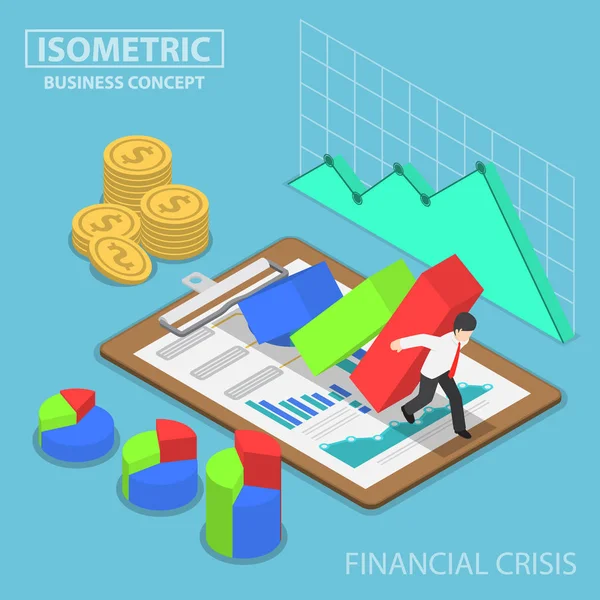 Hombre de negocios isométrico tratando de dejar de caer gráfico — Vector de stock