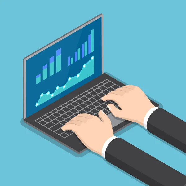 Isométrico hombre de negocios manos utilizando el ordenador portátil con el informe financiero g — Vector de stock