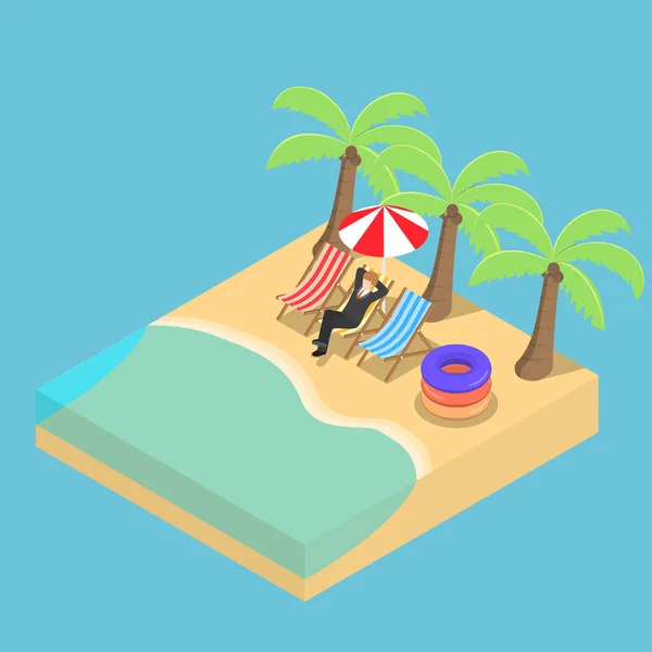 Isometric Businessman relaxing on the beach — Stock Vector