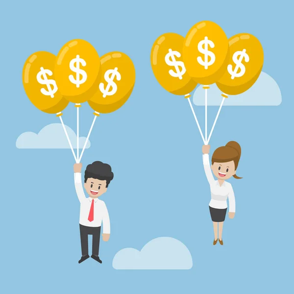 Homme d'affaires et femme d'affaires volant avec ballon Dollar — Image vectorielle