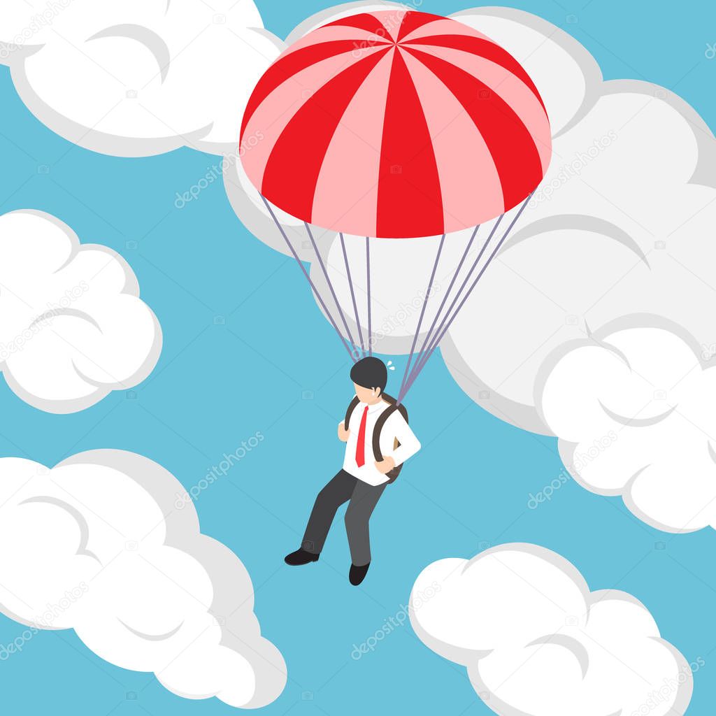 Isometric businessman flying with parachute