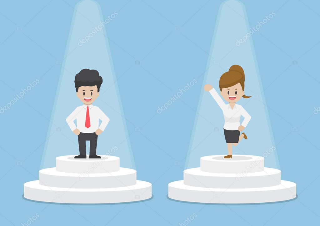 Businessman and Businesswoman Standing and Shining on Pedestal