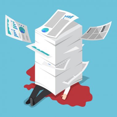 Kağıt destesini altında izometrik overworked işadamı
