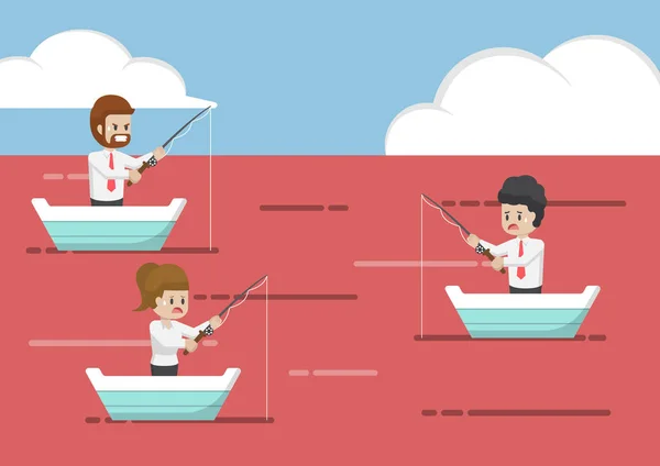 Business people fishing in red ocean. — Stock Vector