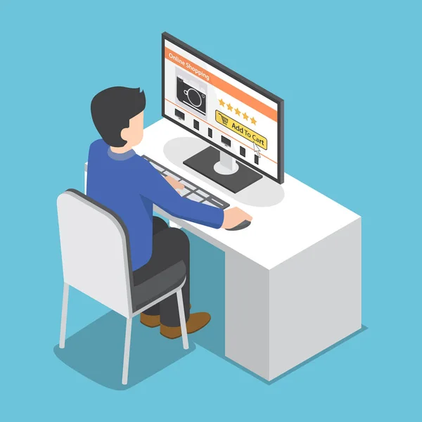 Isometric homme d'affaires utiliser PC pour faire du shopping en ligne — Image vectorielle