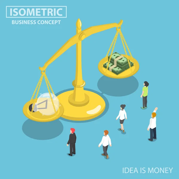 Empresários isométricos olhando para lâmpada de ideias e mone —  Vetores de Stock