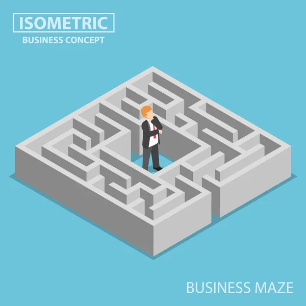 Empresário confuso isométrico preso em um labirinto — Vetor de Stock
