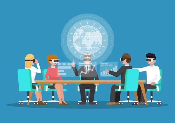 Mensen uit het bedrijfsleven bril vr in de virtuele realiteit conferentie. — Stockvector