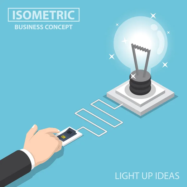 Isometrische zakenman hand duwen de schakelaar om te schakelen van de gloeilamp van — Stockvector