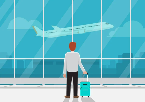 Homme d'affaires avec bagages à l'aéroport regardant l'avion dans le s — Image vectorielle