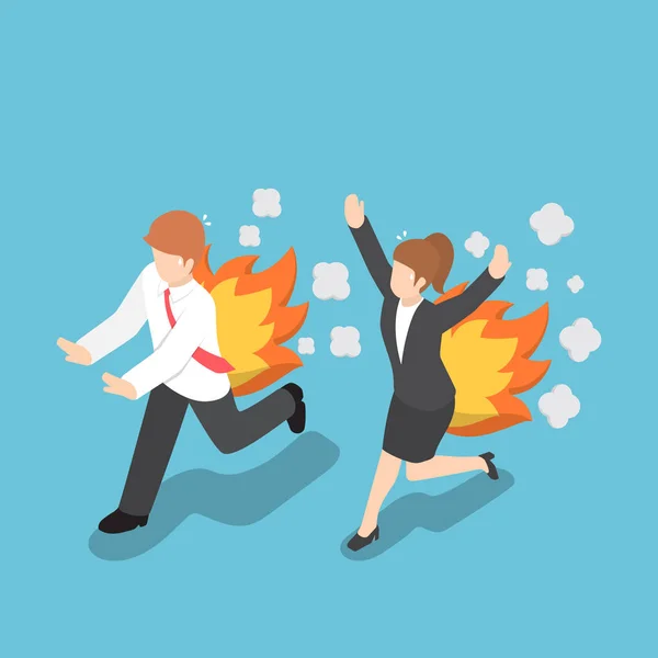 Isometric Businessman Running with Back on Fire — Stock Vector
