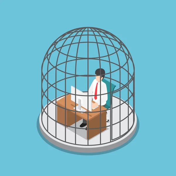 Empresario isométrico trabajando en la jaula de pájaros . — Vector de stock