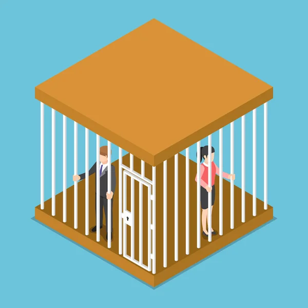 Homme d'affaires isométrique et femme d'affaires piégés dans la cage . — Image vectorielle
