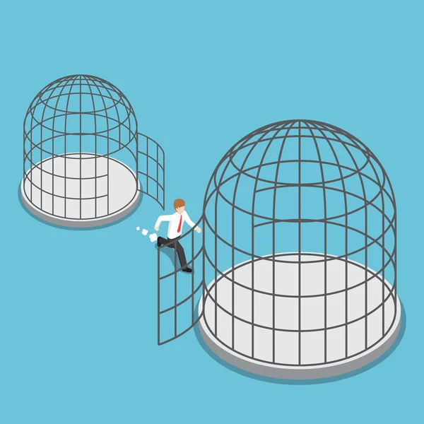 Isometric businessman leave small cage go to the bigger cage. — Stock Vector