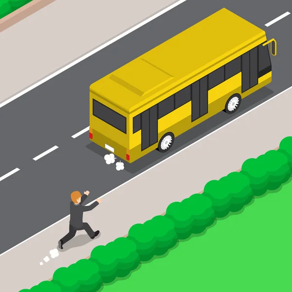 Изометрический бизнесмен бежит за автобусом — стоковый вектор