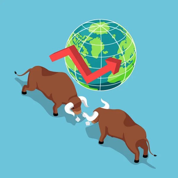 Isometrische Stiere kämpfen mit Welt- und Wachstumsdiagramm. — Stockvektor
