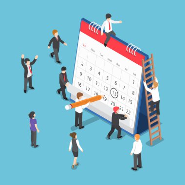 İzometrik iş adamları masa takvimi Tarih operasyon planlama