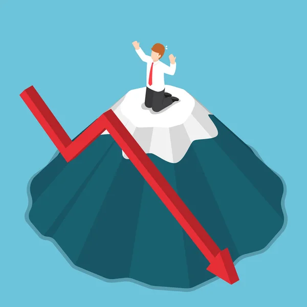 Isometric businessman stuck on the top of mountain. — Stock Vector