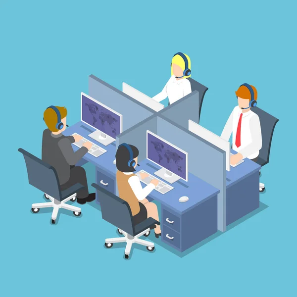 Isometrische zakenmensen werken met Headset in een Call Center — Stockvector