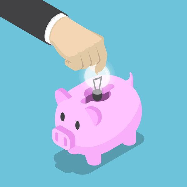 Isometric businessman hand put light bulb of ideas into piggy ba