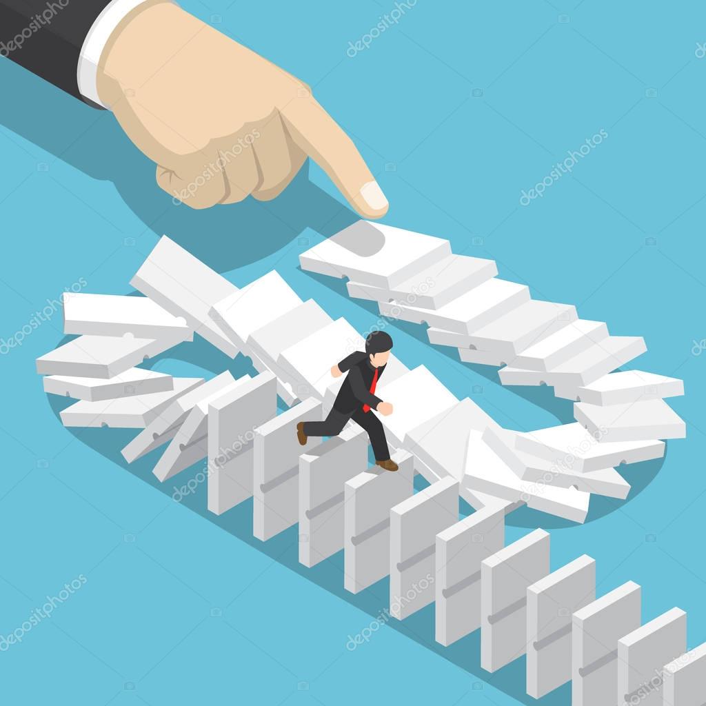 Isometric businessman running away on domino that falling by big