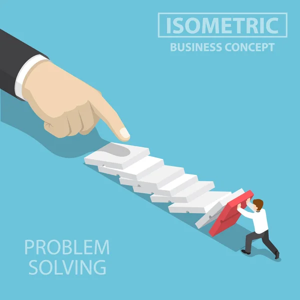 Isometrischer 3D-Geschäftsmann versucht, fallende Dominosteine zu stoppen. — Stockvektor