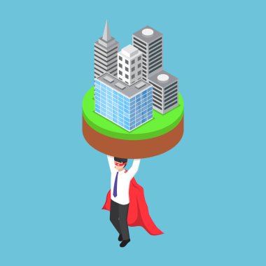 İzometrik işadamı işletme binası taşıyan.