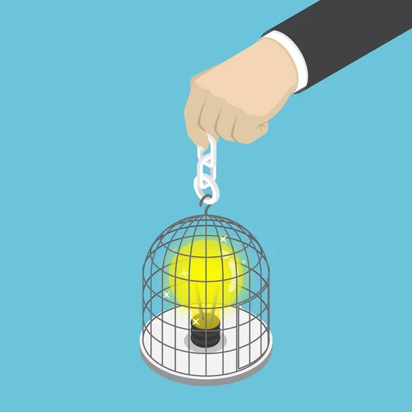 Uomo d'affari isometrico che tiene in mano gabbia per uccelli con lampadina . — Vettoriale Stock