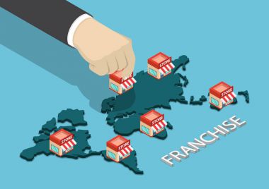 İzometrik işadamı elini franchise mağaza dünya harita üzerinde.