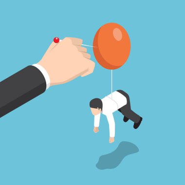 İşadamı el iğne balon rakibi yok etmek için bastırıyor.