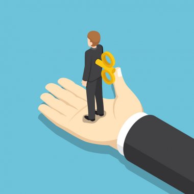 İzometrik işadamı ile sırtında kurmalı anahtar.