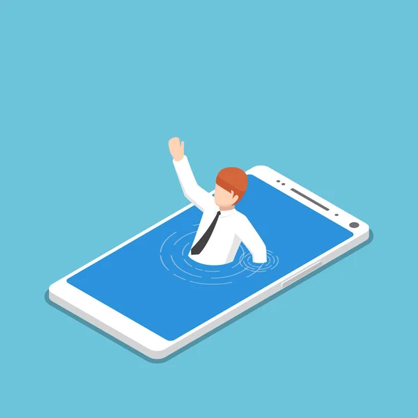 Isometric businessman drowning in smartphone. — Stock Vector