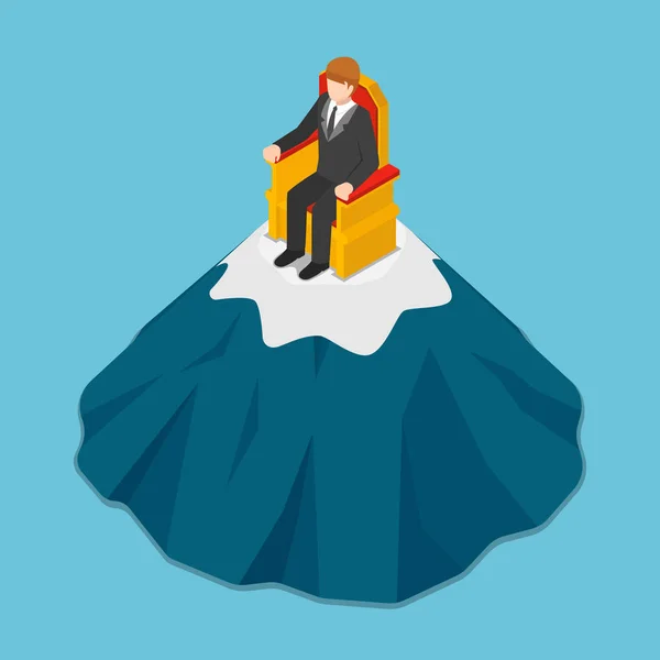 Isometrische zakenman zitten op de troon op top van berg. — Stockvector