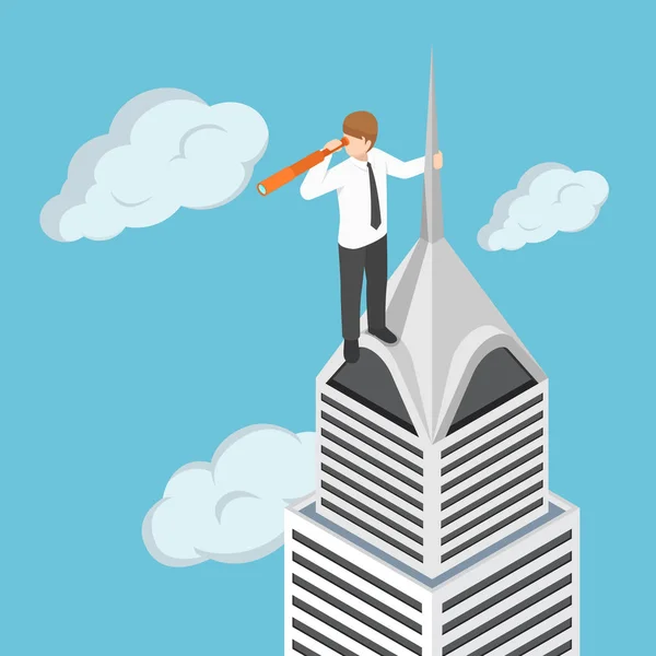Isometric businessman at the top of skyscraper loking through sp — Stock Vector