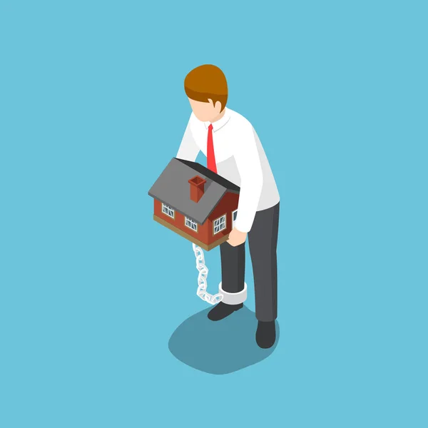 Isometric businessman carrying home that chained with his ankles — Stock Vector