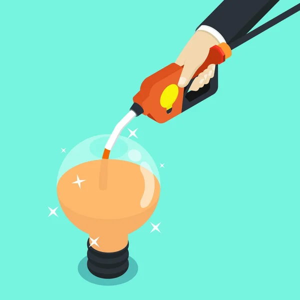 Isometric businessman filling light bulb of idea by fuel nozzle. — Stock Vector