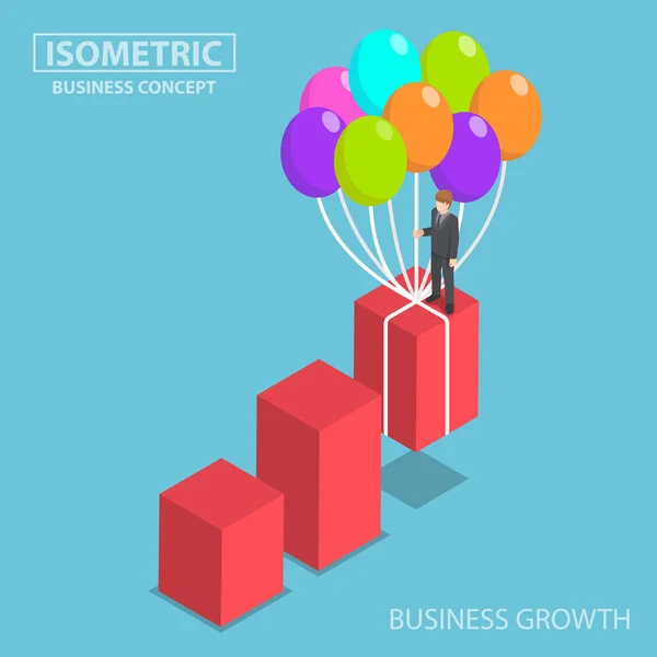 Izometrikus üzletember felnőni grafikon által léggömb. — Stock Vector