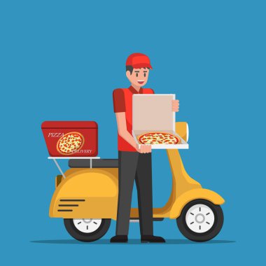 Müşteri teslimat adam pizza işleme kutusuna.