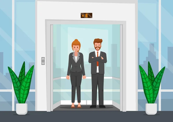 Les gens d'affaires dans un ascenseur en verre . — Image vectorielle