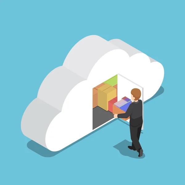 Isometric businessman keep file in cloud shaped room. — Stock Vector