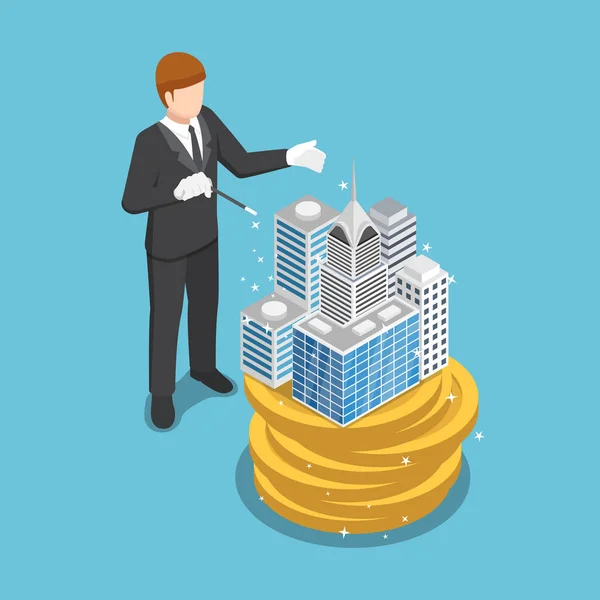 Isometric businessman use magic to build the business building o — Stock Vector